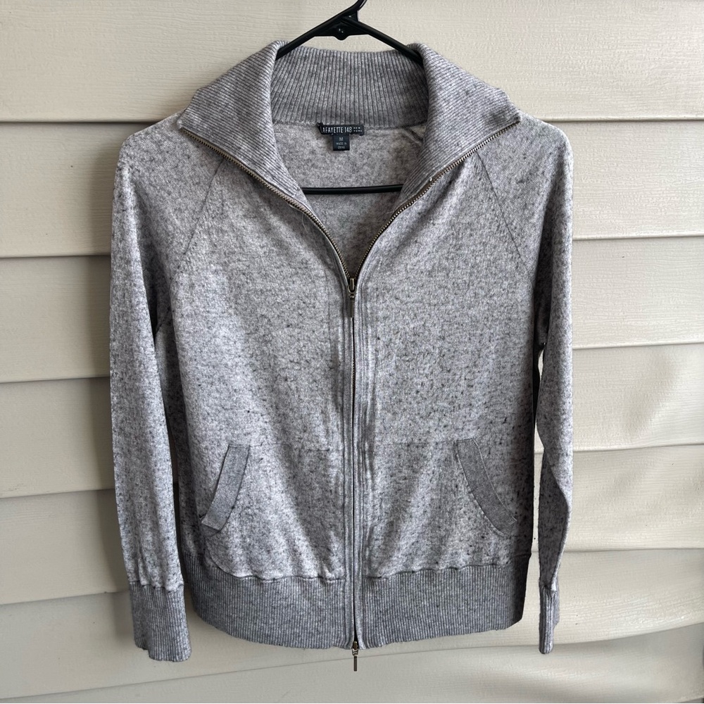 LAFAYETTE 148 Cashmere Cotton Zip Front Cardigan Sweater Womens M Brown Casual‎